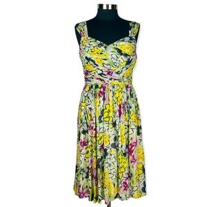 SUZY CHIN FOR MAGGY BOUTIQUE SILK FLORAL DRAPED GATHERED GARDEN PARTY DRESS